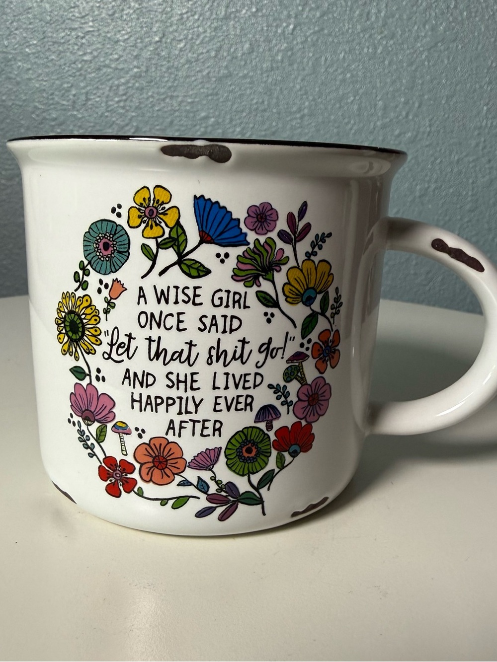 NATURAL LIFE Colorful Floral Mug with Black txt and intentional Distressed look